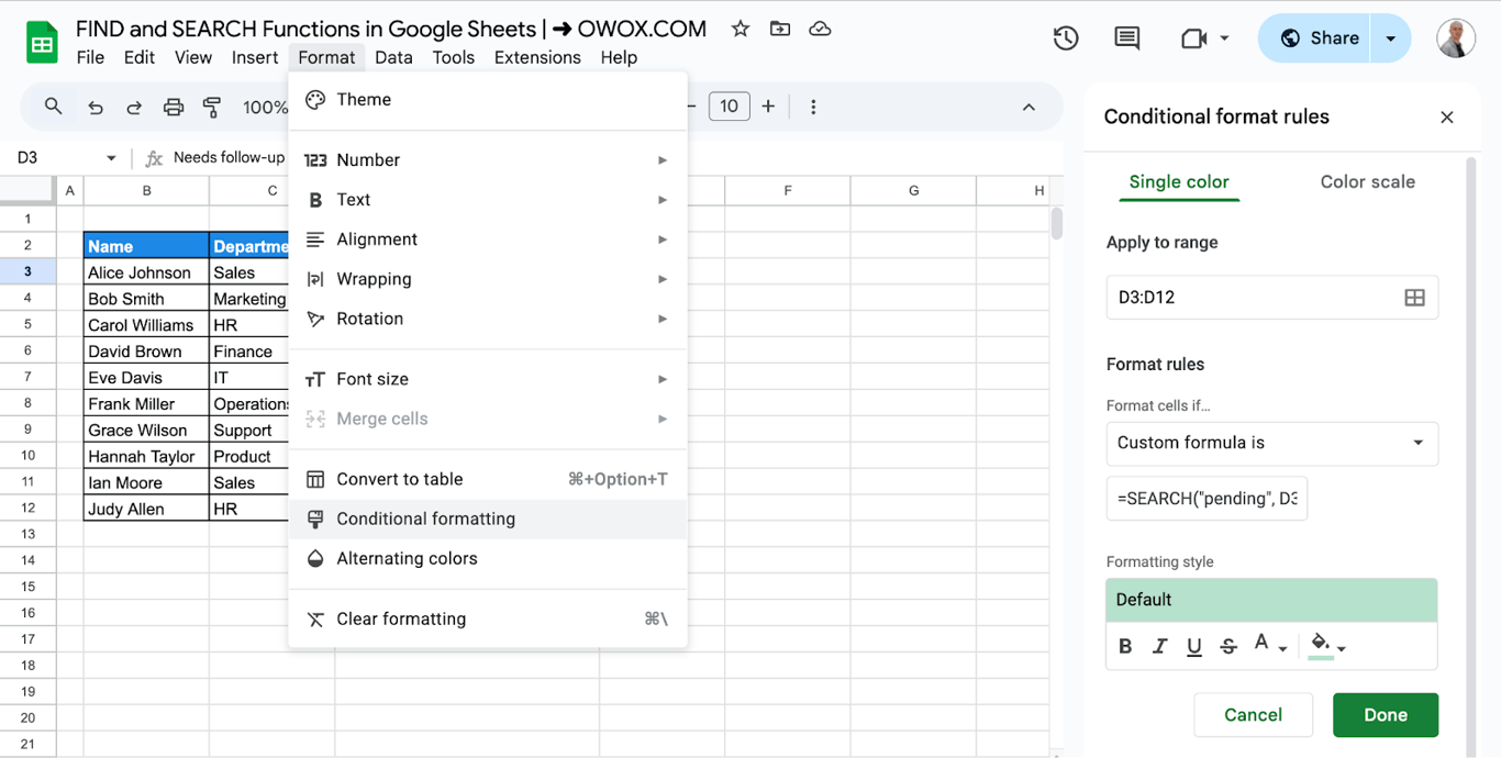 The conditional formatting rule using a custom formula built on SEARCH for the word “pending”
