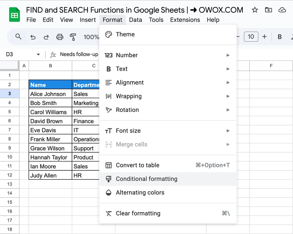 The Format menu open on Conditional formatting, in Google Sheets