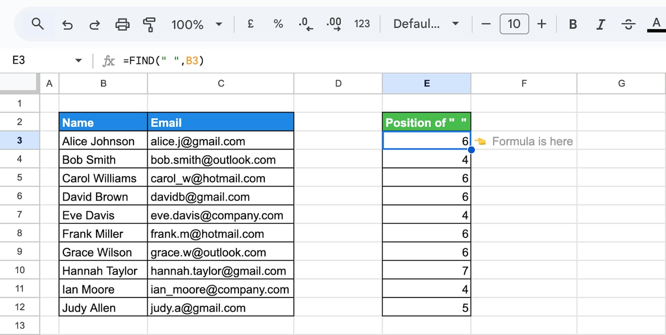 Google Sheets with FIND returning the position of a character or substring, respecting case