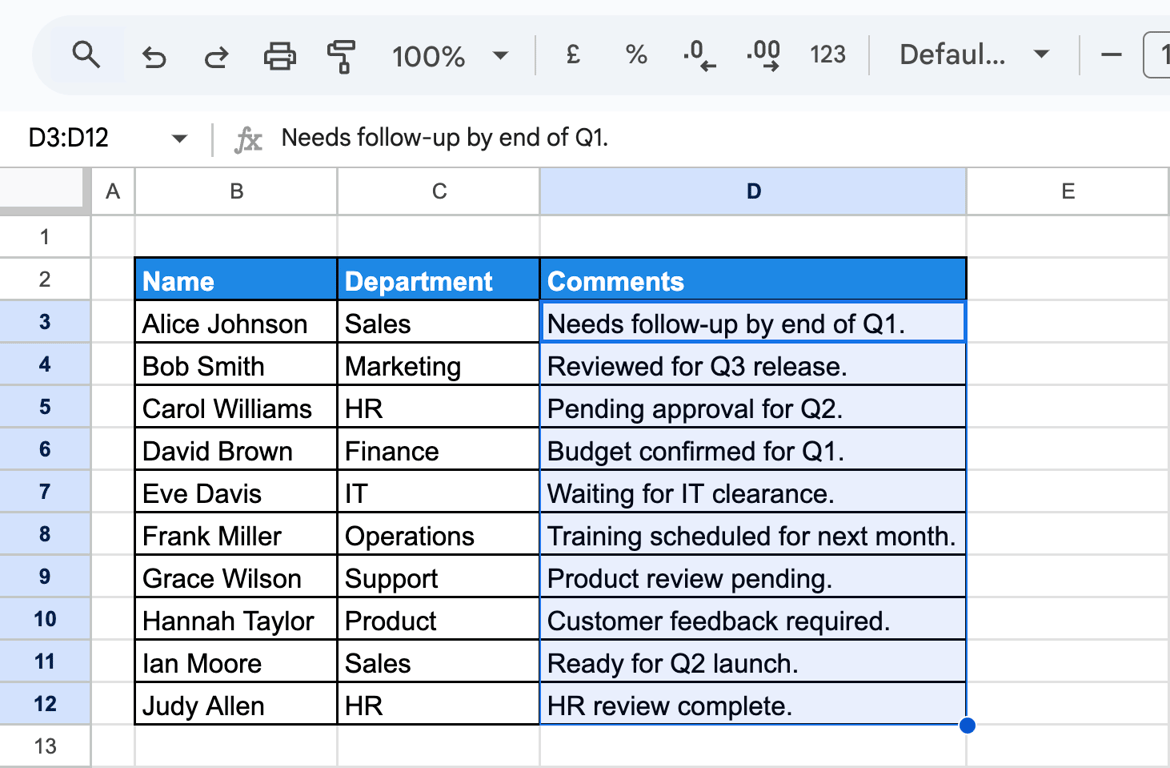 Google Sheets with a range of cells selected before conditional formatting is applied with SEARCH