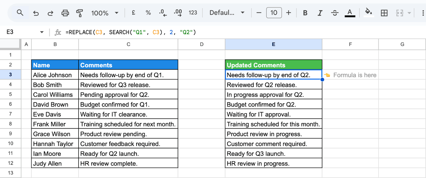 Google Sheets with SEARCH inside REPLACE, swapping a found piece of text such as Q1 for new text