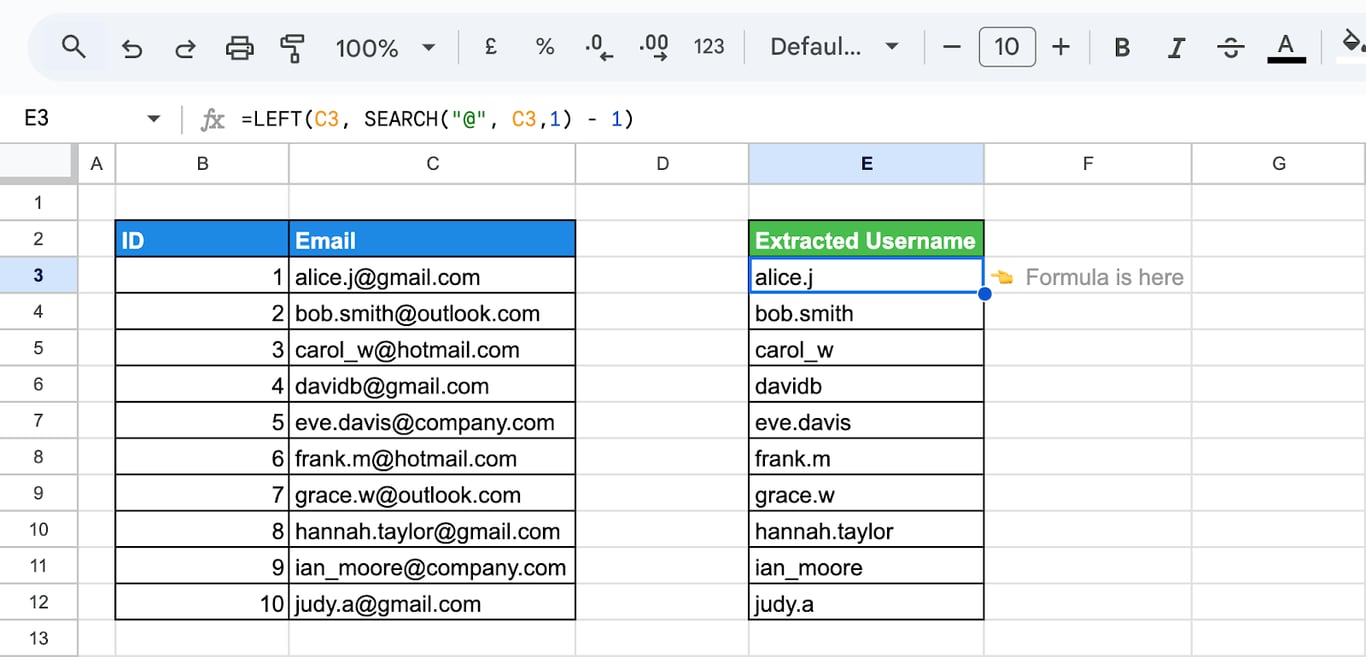 Google Sheets with SEARCH and LEFT extracting the part of an email address before the @ sign