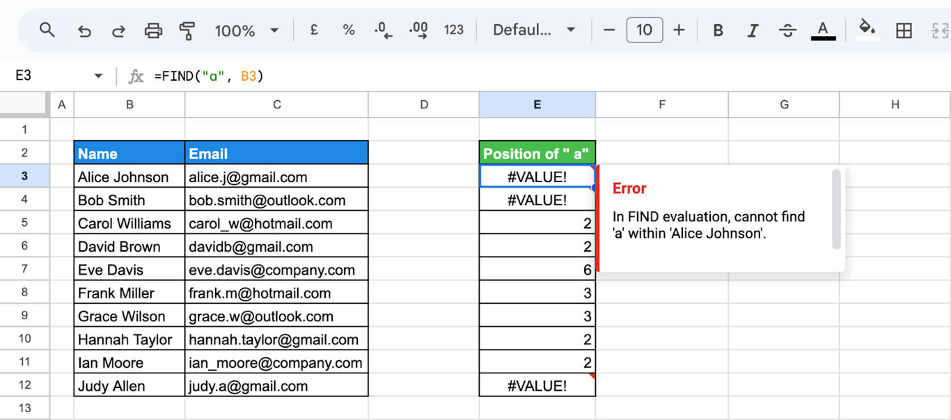 The result of FIND returning a position when the character is present and an error when it is not