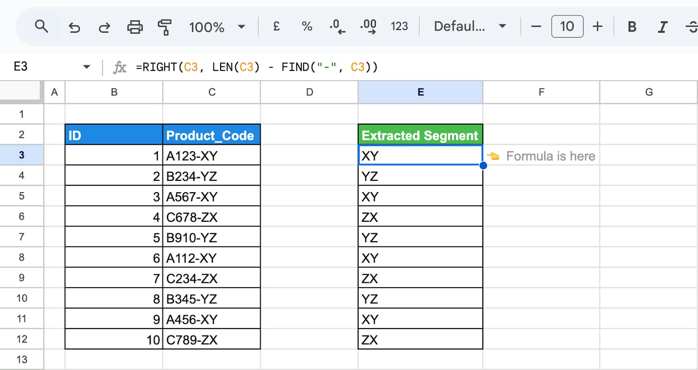 Google Sheets with FIND with RIGHT and LEN extracting the characters after a found position