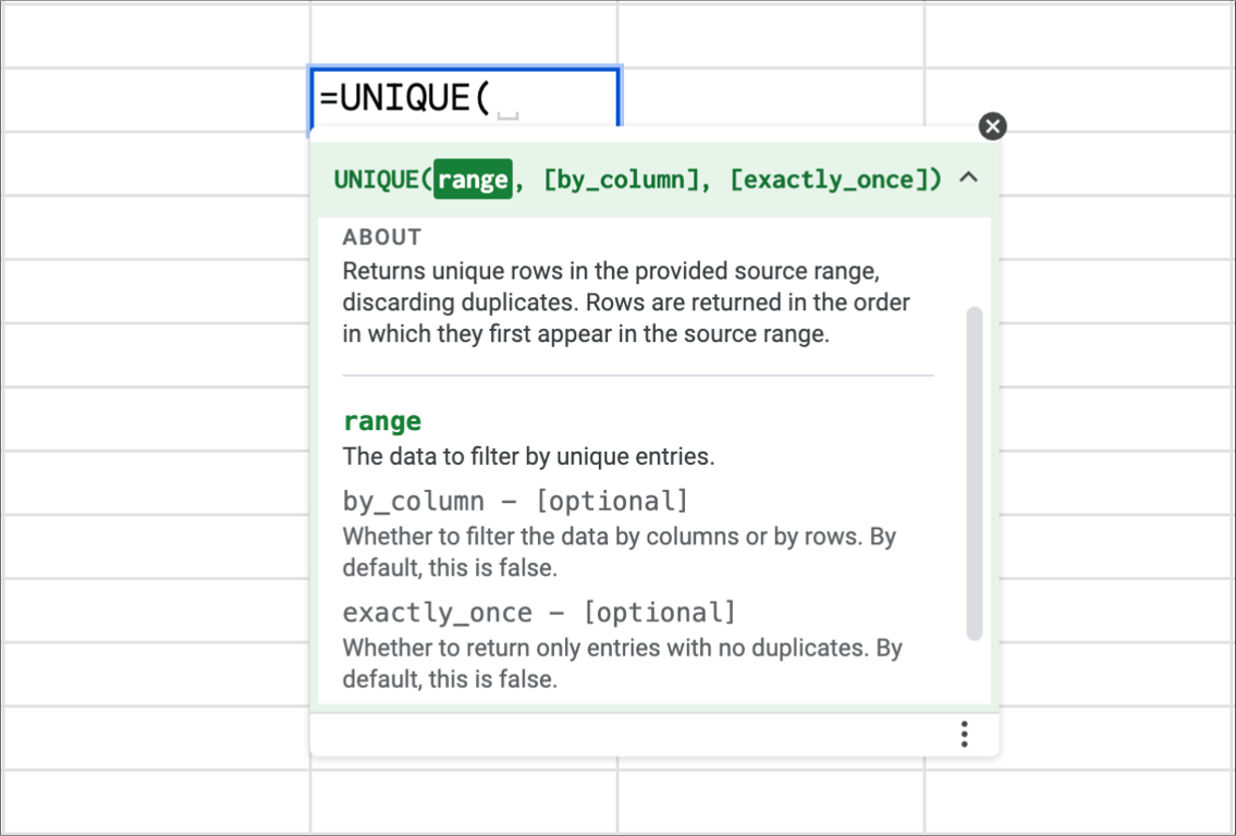 Syntax and structure of the UNIQUE function in Google Sheets.