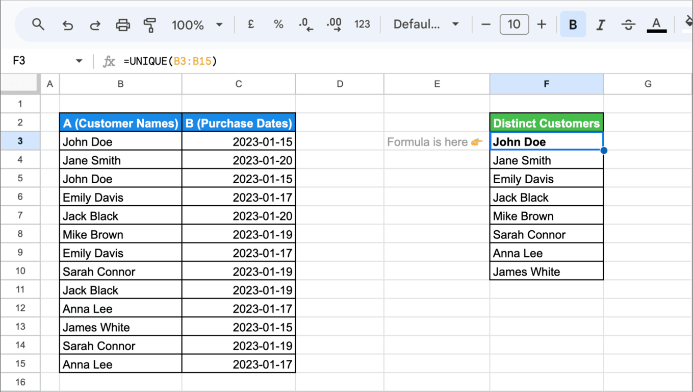 Using the UNIQUE function in Google Sheets to extract distinct Values from a dataset.