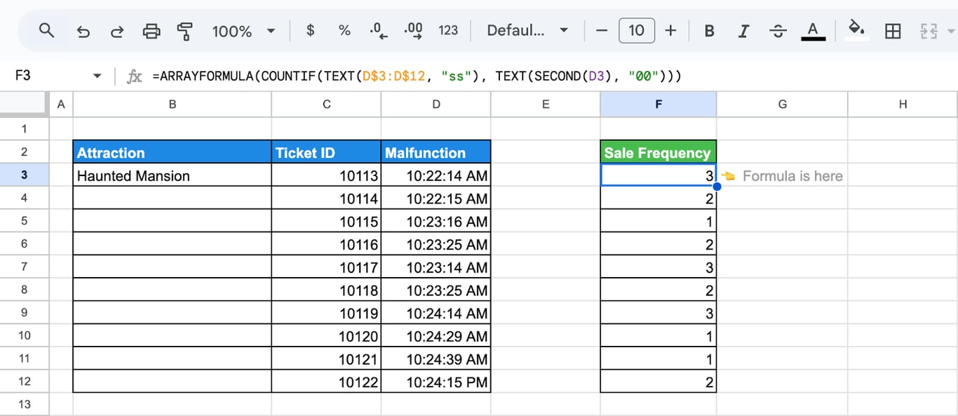 Google Sheets with SECOND extracting the seconds from a column of time values to spot patterns.