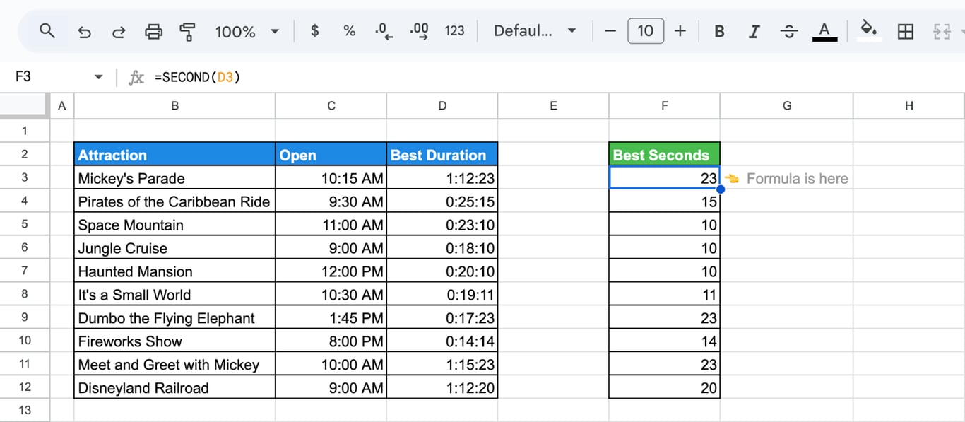 Google Sheets with SECOND extracting the seconds from the best-duration column for each attraction.