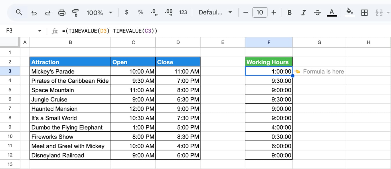 The Format menu in the toolbar being used to display summed times as a duration.