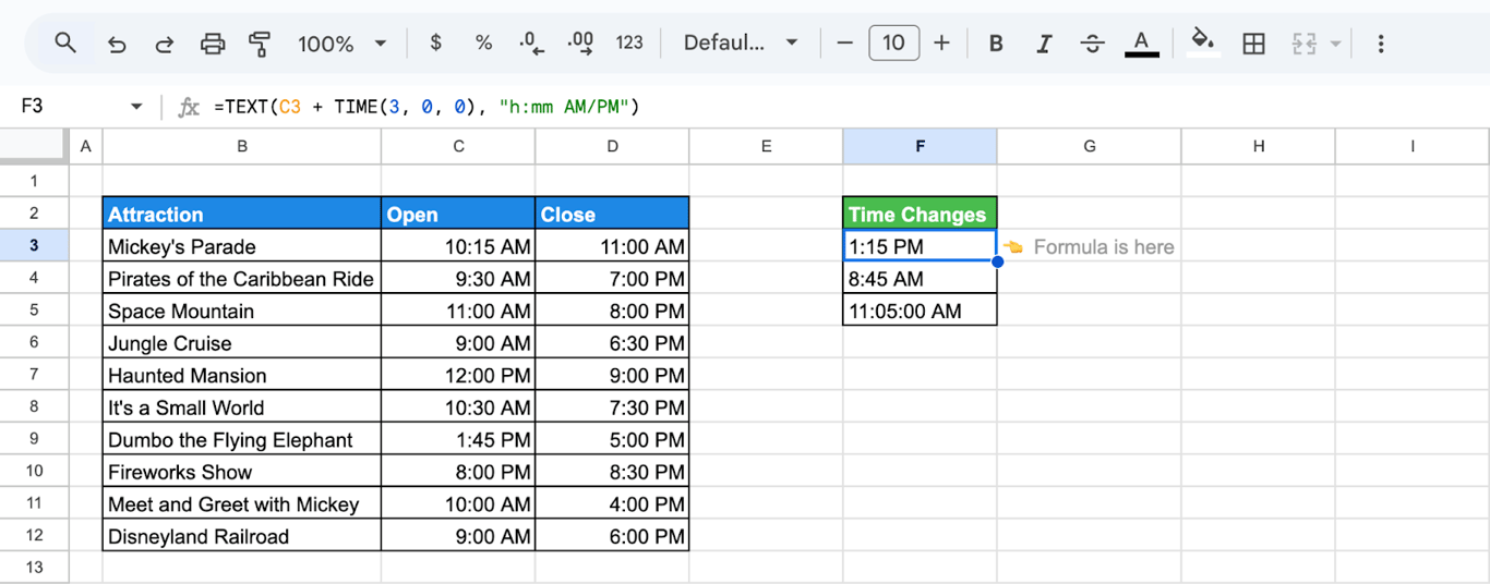 Google Sheets with TIME adding three hours to an original opening time.