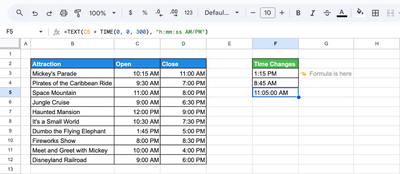 Google Sheets with TIME adding thirty seconds to an opening time.