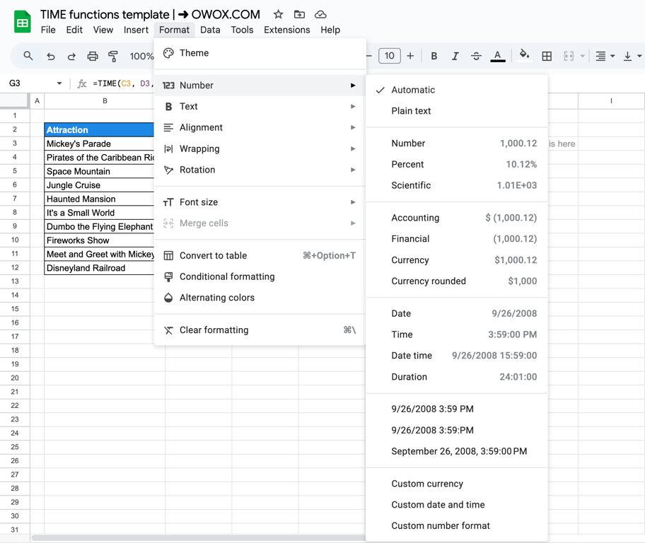 The Format → Number menu in Google Sheets, listing the Time, Date time and Duration formats.