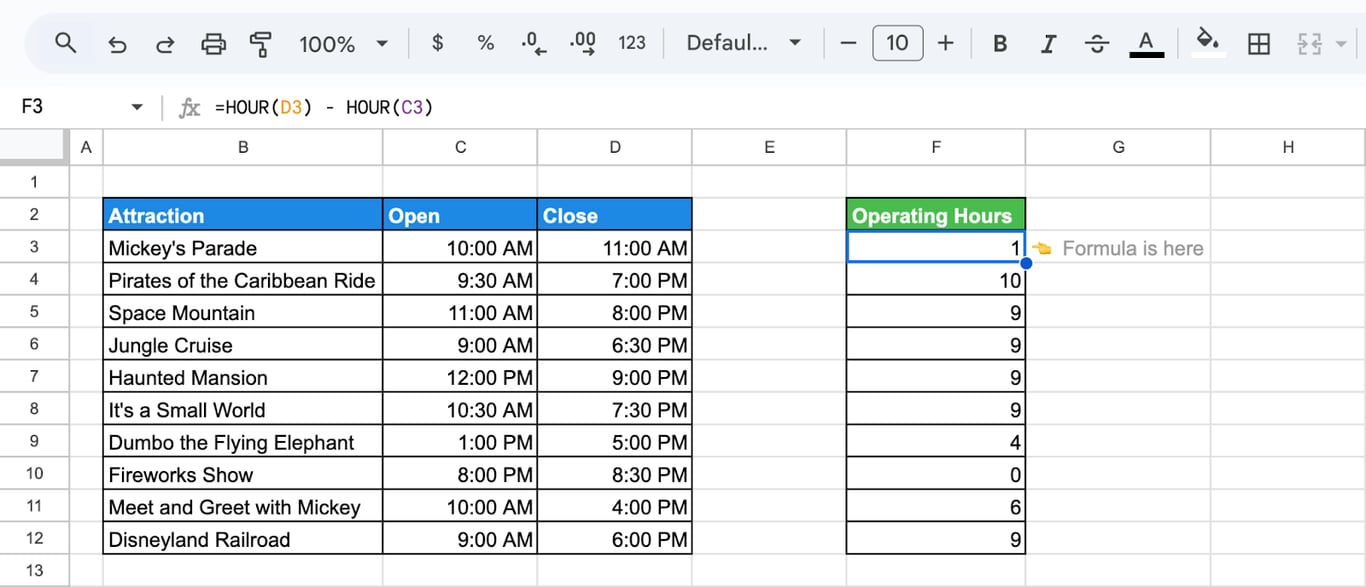 Google Sheets with HOUR used to calculate a duration from a start time and an end time.