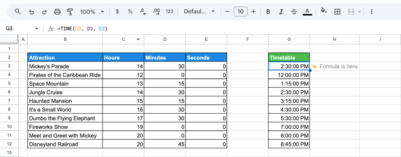 Google Sheets with TIME building a time of day from hours, minutes and seconds in three columns.