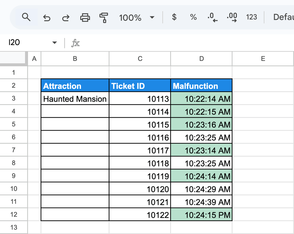 The Conditional formatting panel highlighting times where the seconds fall in the first twenty of a minute.
