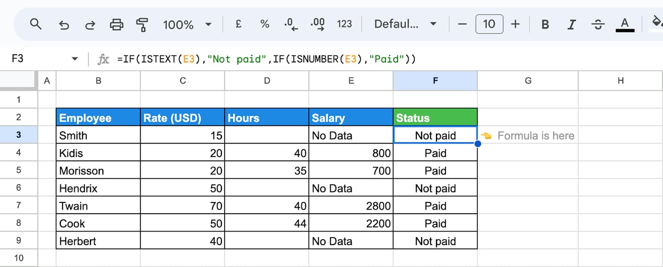 Google Sheets with the formula =IF(ISTEXT(E3),“Not paid”,IF(ISNUMBER(E3),“Paid”)) in F3 returning Not paid for text entries in the salary column and Paid for numbers