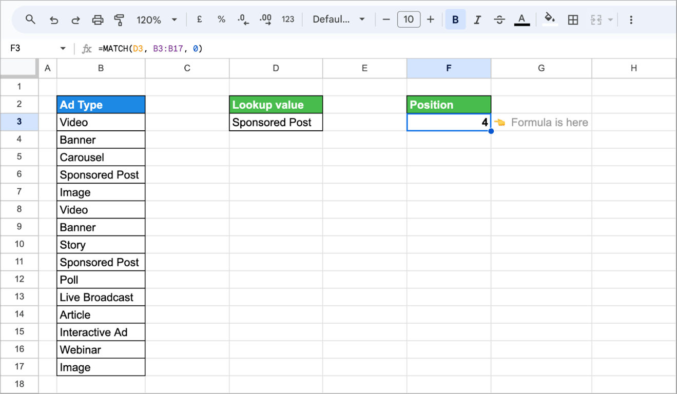 Google Sheets with the lookup value Sponsored Post in D3 and the formula =MATCH(D3, B3:B17, 0) returning 4