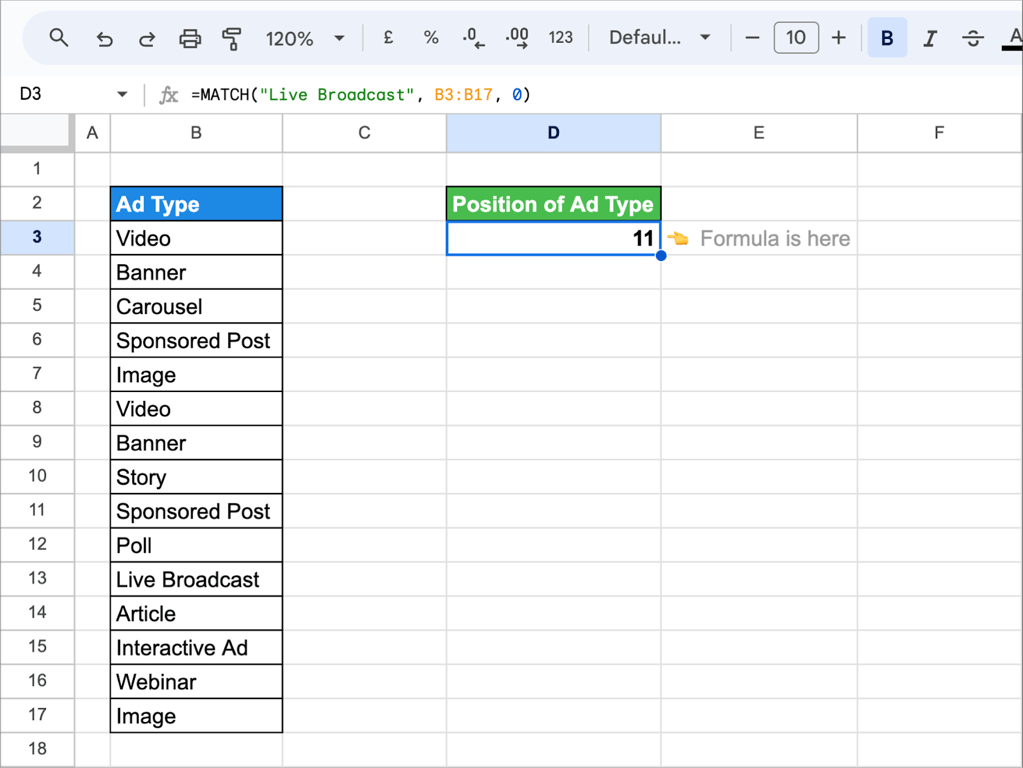 Google Sheets with a column of ad types and the formula =MATCH(“Live Broadcast”, B3:B17, 0) returning 11