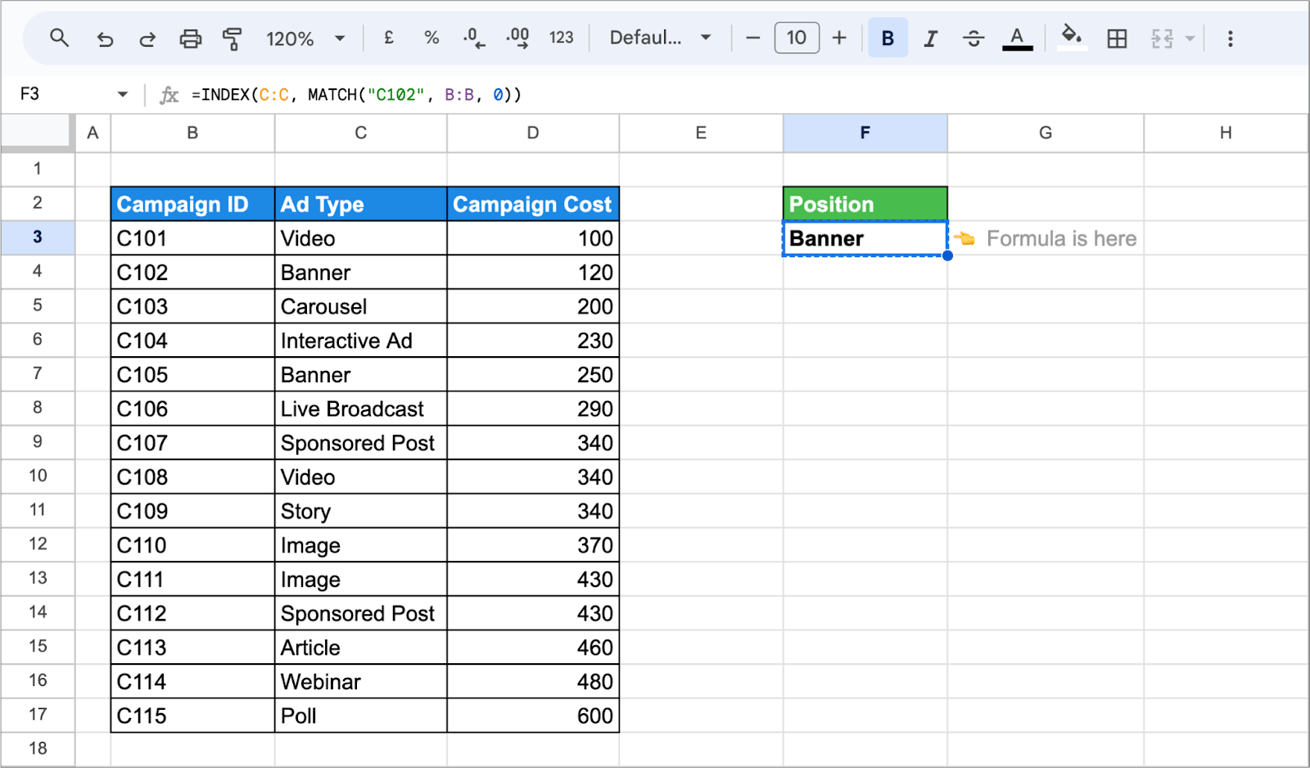 Google Sheets with campaign IDs, ad types and costs and the formula =INDEX(C:C, MATCH(“C102”, B:B, 0)) returning Banner, the ad type of campaign C102