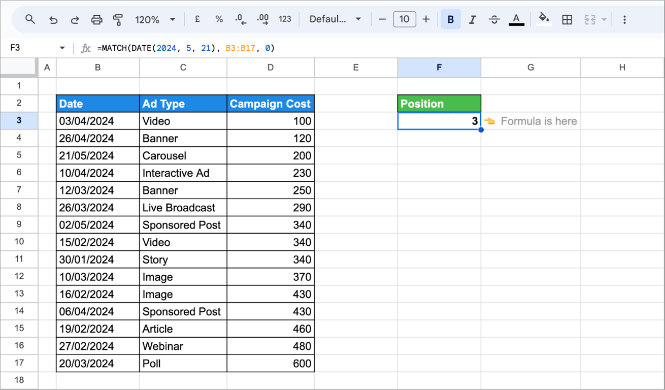 Google Sheets with dates, ad types and costs and the formula =MATCH(DATE(2024, 5, 21), B3:B17, 0) returning 3