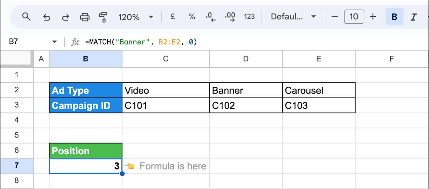 Google Sheets with ad types across row 2 and the formula =MATCH(“Banner”, B2:E2, 0) returning 3, the position of Banner in the row