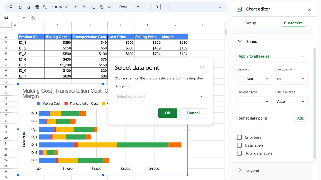 The Select data point dialog in Google Sheets opened from Format data point in the Series section