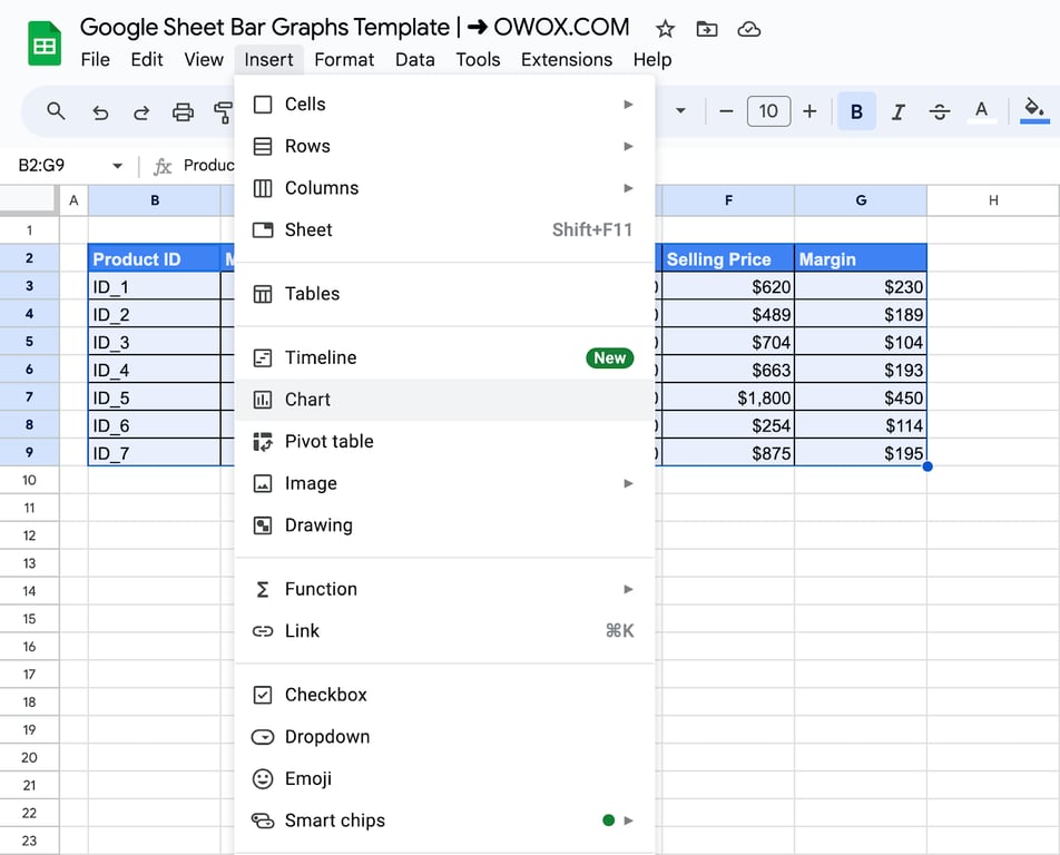 The Insert menu in Google Sheets with the Chart item highlighted