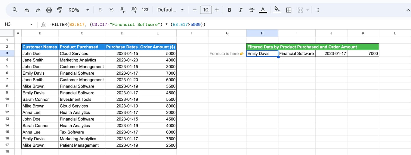 Google Sheets with the formula =FILTER(B3:E17, (C3:C17=“Financial Software”) * (E3:E17>5000)) in H3 returning the one Financial Software order above 5000