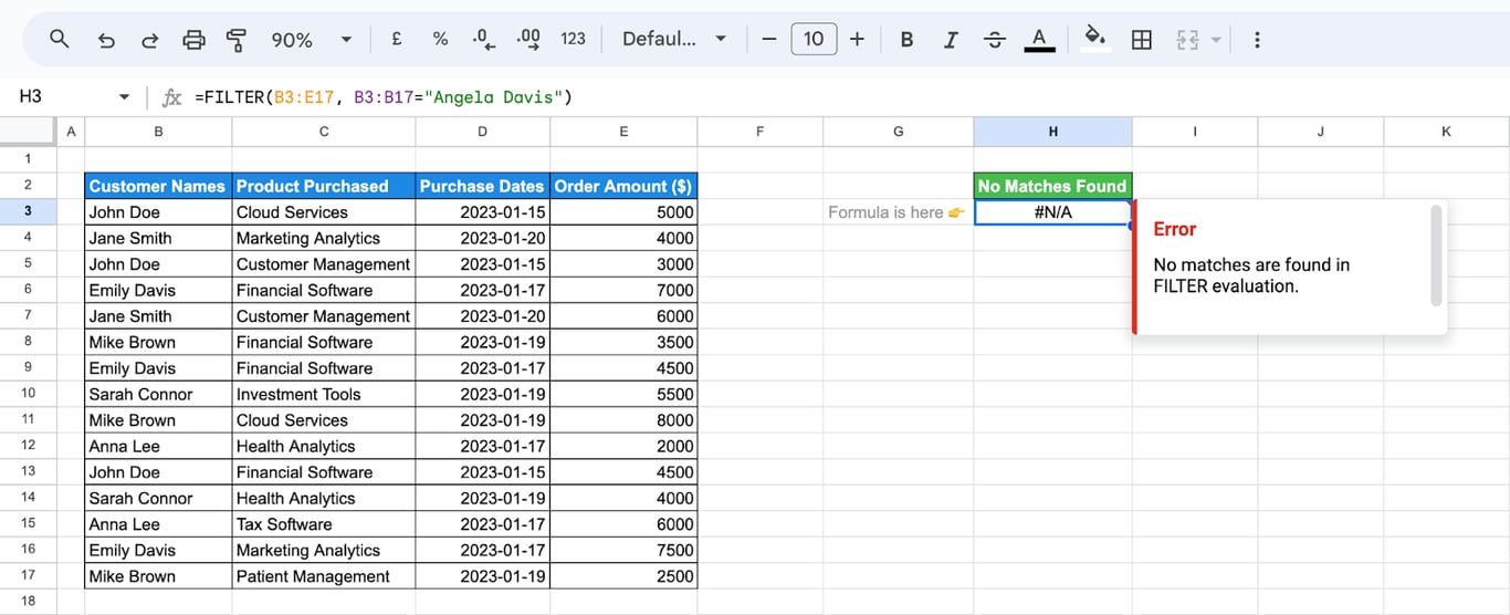 Google Sheets with the formula =FILTER(B3:E17, B3:B17=“Angela Davis”) returning #N/A and the message No matches are found in FILTER evaluation