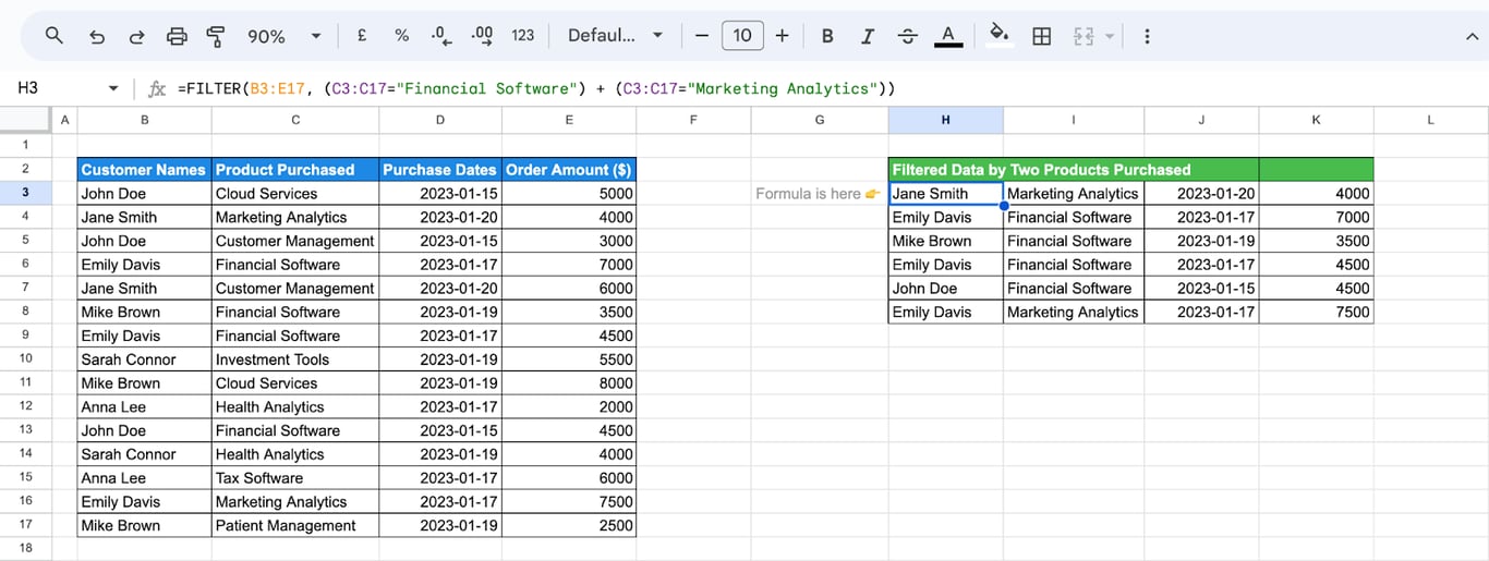 Google Sheets with the formula =FILTER(B3:E17, (C3:C17=“Financial Software”) + (C3:C17=“Marketing Analytics”)) in H3 returning the orders of either product