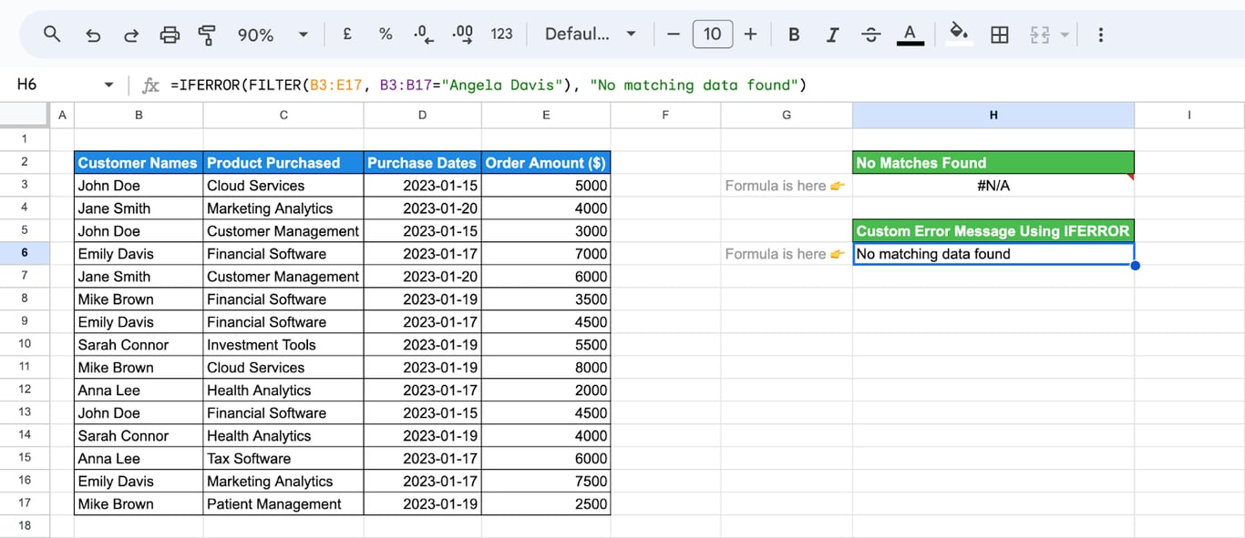 Google Sheets with the formula =IFERROR(FILTER(B3:E17, B3:B17=“Angela Davis”), “No matching data found”) returning the text No matching data found