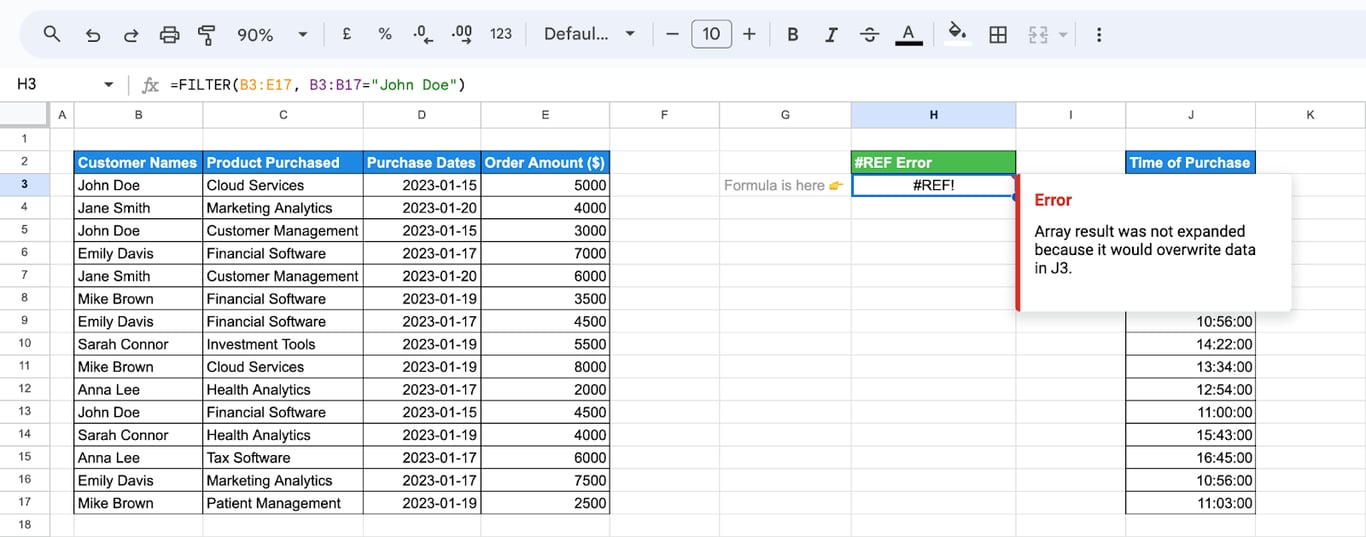 Google Sheets with a FILTER formula returning #REF! and the message that the array result was not expanded because it would overwrite data in another cell