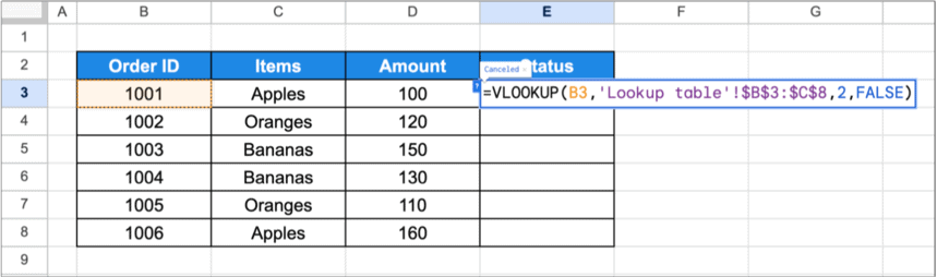Google Sheets with an orders table and a VLOOKUP formula being entered that looks each order ID up in a range on the Lookup table sheet