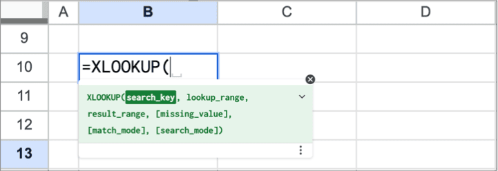 Google Sheets with =XLOOKUP( typed in a cell and the syntax hint listing search_key, lookup_range, result_range, missing_value, match_mode and search_mode