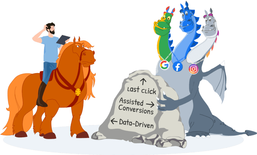 Signpost illustration: a marketer on horseback choosing between last click, assisted conversions and data-driven attribution.
