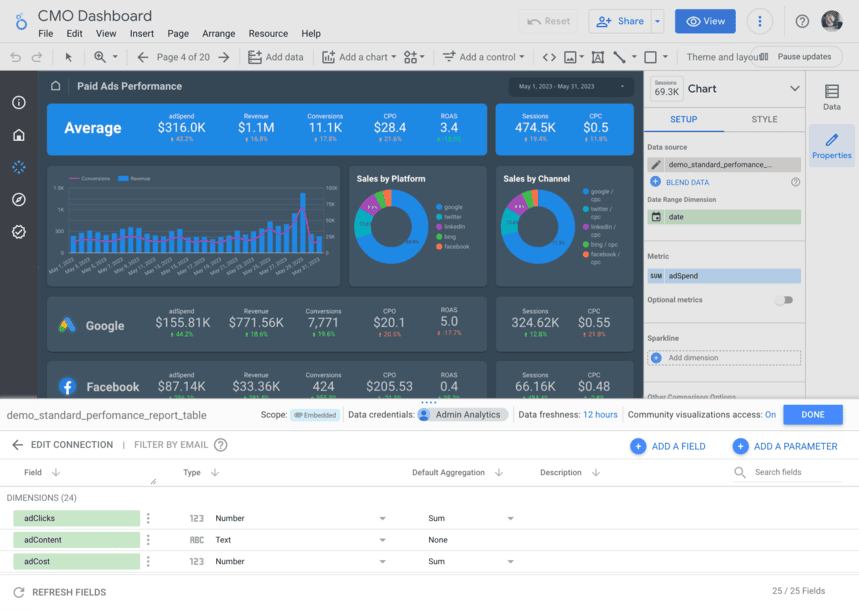 Google Looker Studio dashboard presenting paid ads performance with detailed charts and filters.