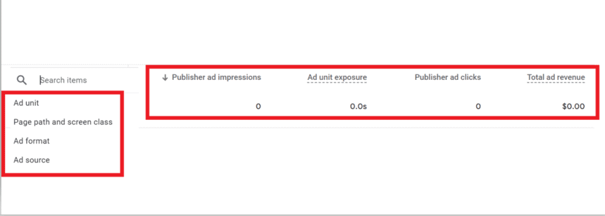 Publisher ads report in GA4 displaying ad unit impressions, exposure, clicks, and total ad revenue with ad-related dimensions.