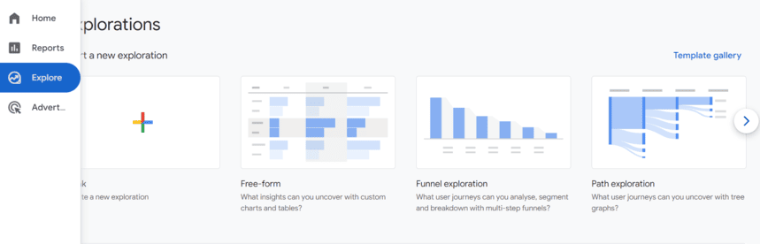 GA4 Explore section showcasing different analysis options including free-form, funnel exploration, and path exploration templates.