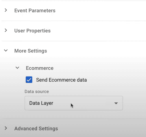 GTM GA4 Event tag with More Settings expanded: Send Ecommerce data is ticked and the data source is Data Layer. This one option forwards the whole ecommerce object.