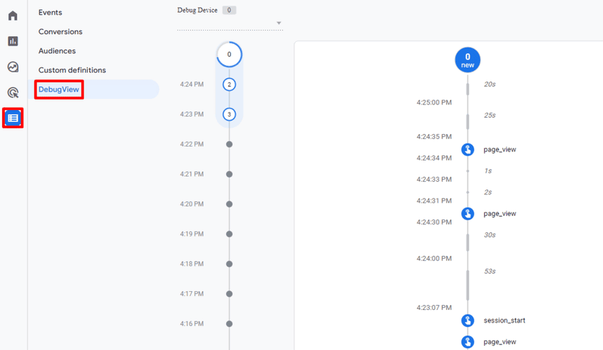 GA4 DebugView with a timeline of events for one debug device, including page_view and session_start. Each event can be opened to see its parameters.