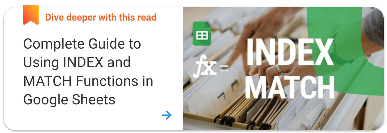 Article card titled “Complete Guide to Using INDEX and MATCH Functions in Google Sheets”.