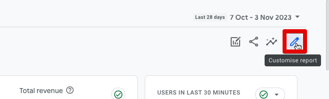 GA4 interface with the option to customize reports, in the Reports section.