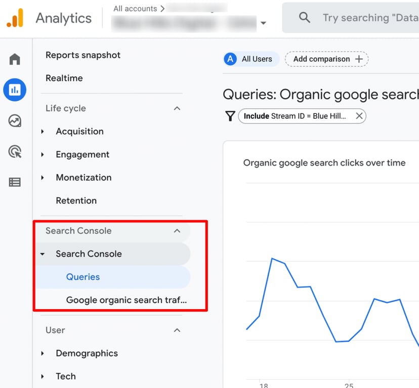 Search Console integration focusing on Queries and Google Organic Search Traffic Report.