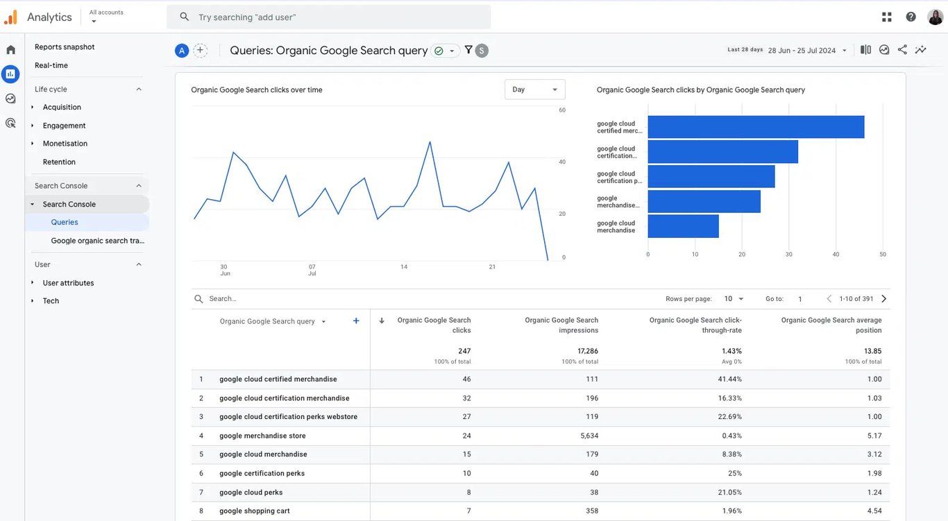 Queries Report in GA4 tracking organic search queries with metrics like impressions and clicks.