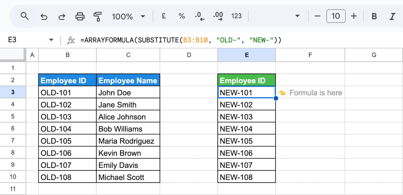 Google Sheets with employee IDs from OLD-101 to OLD-108 and the formula =ARRAYFORMULA(SUBSTITUTE(B3:B10, “OLD-”, “NEW-”)) returning NEW-101 to NEW-108