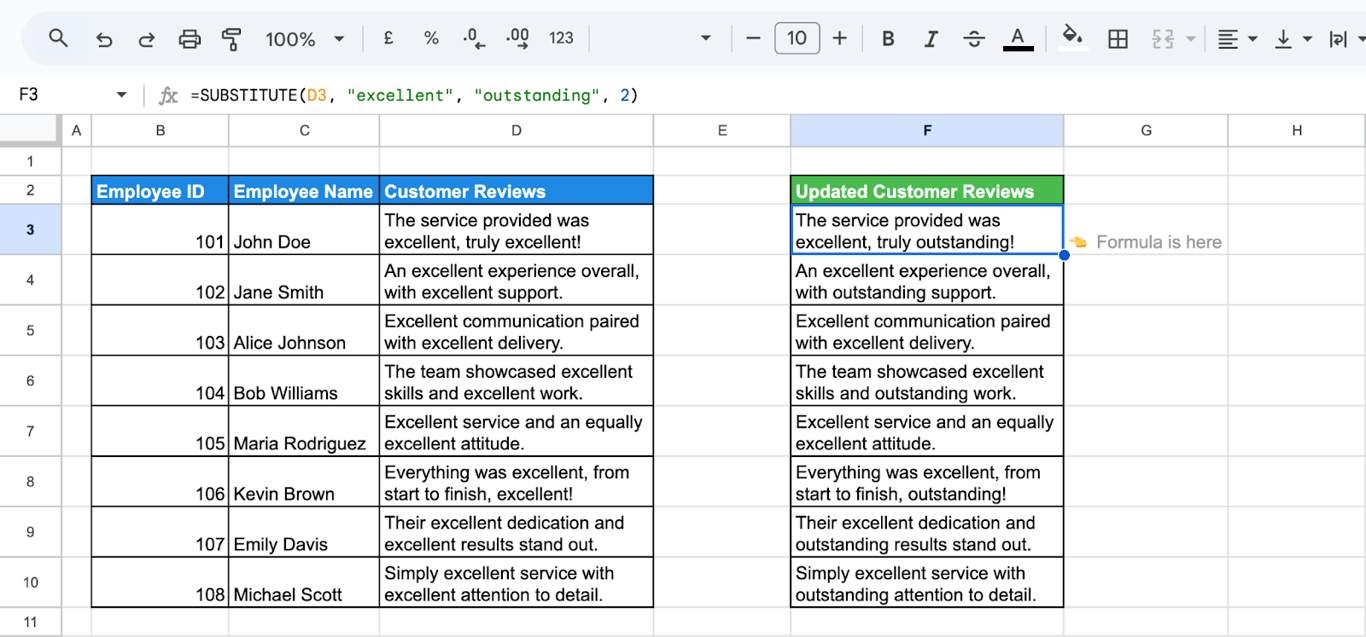Google Sheets with customer reviews that use the word excellent twice and the formula =SUBSTITUTE(D3, “excellent”, “outstanding”, 2) changing only the second one