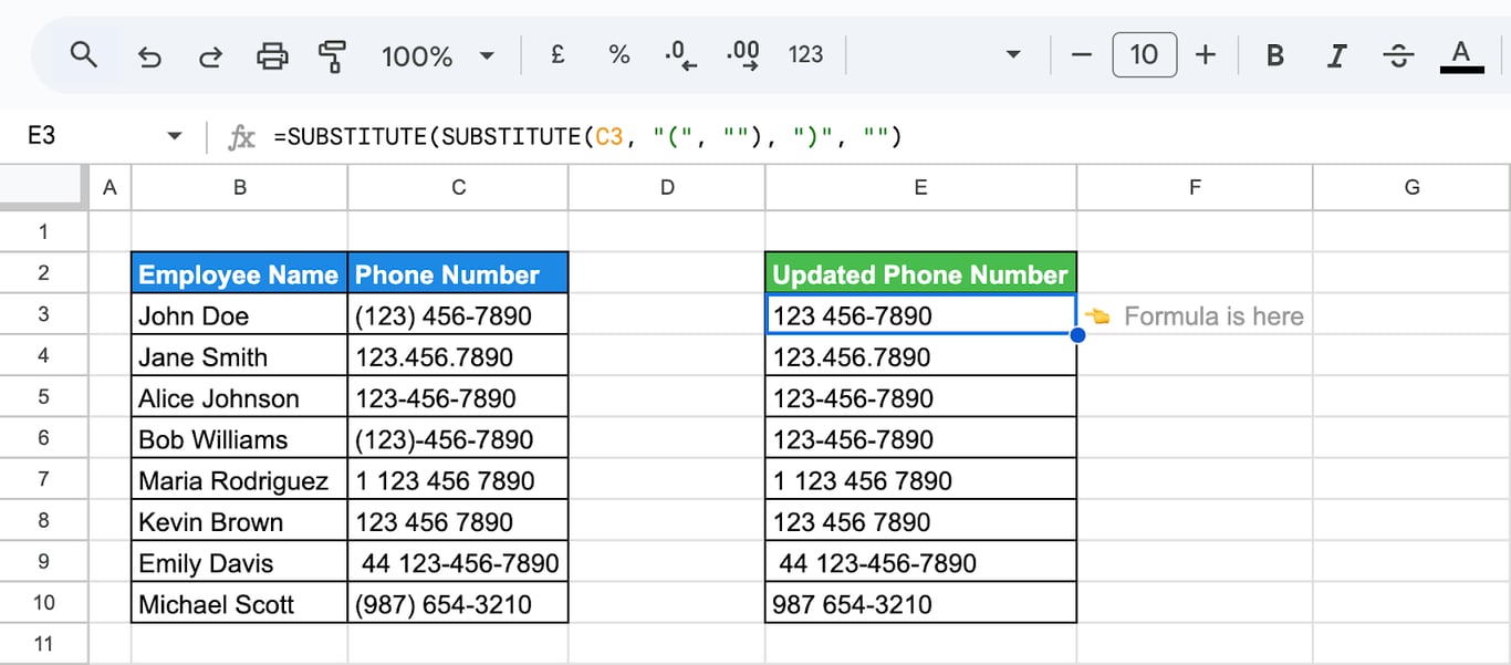 Google Sheets with phone numbers in mixed formats and the formula =SUBSTITUTE(SUBSTITUTE(C3, “(”, “”), “)”, “”) returning them without parentheses