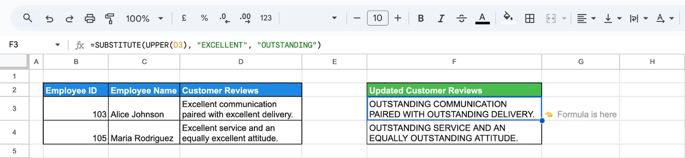 Google Sheets with reviews and the formula =SUBSTITUTE(UPPER(D3), “EXCELLENT”, “OUTSTANDING”) returning the reviews in capitals with the word replaced