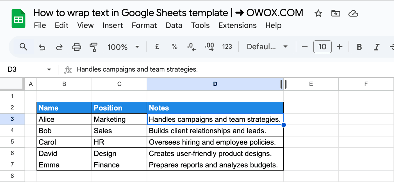 Google Sheets with column D resized by dragging the border of its column letter