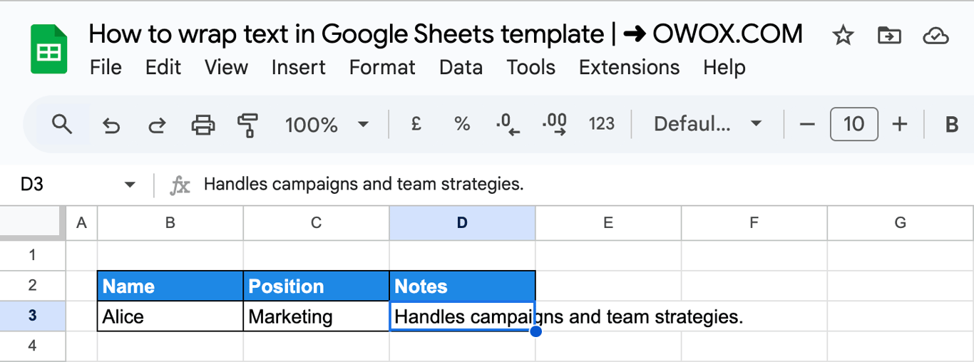Google Sheets with cell D3 selected, holding the text Handles campaigns and team strategies